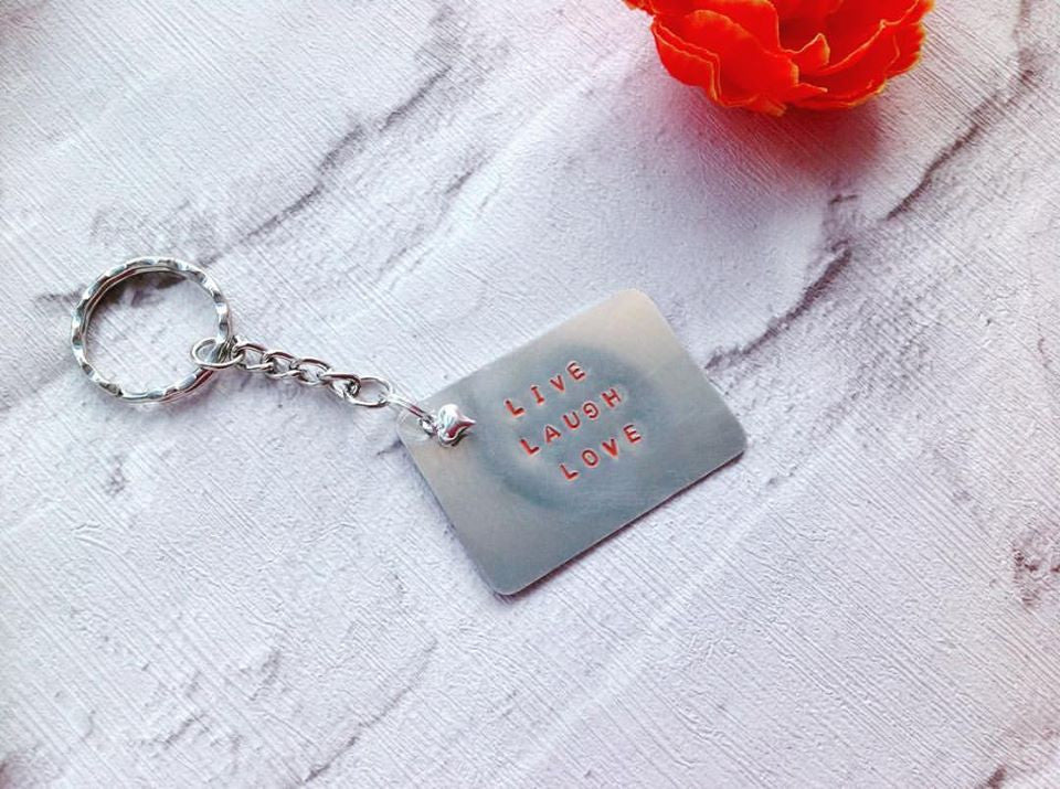 Live Laugh Love metal hand stamped key ring key chain - Fred And Bo