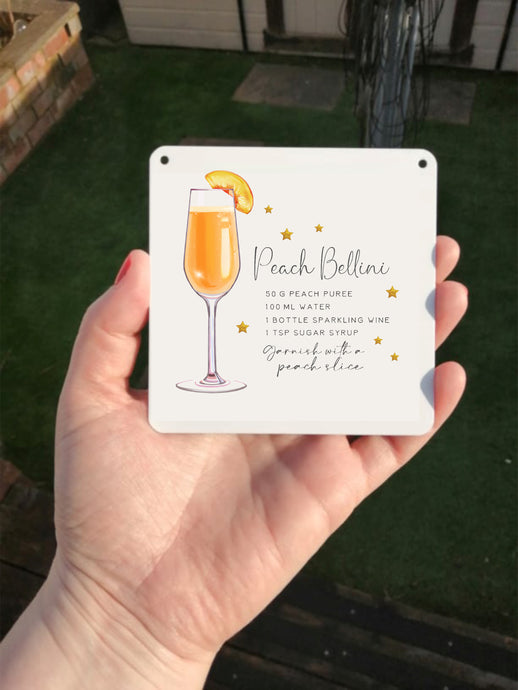 Peach Bellini- Cocktail Recipe -  Little Metal Hanging Plaque
