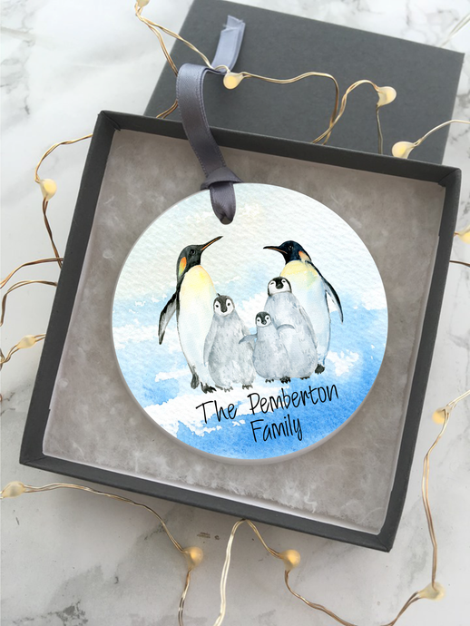 Penguin Family Personalised Ceramic Bauble Hanging Decoration - Fred And Bo