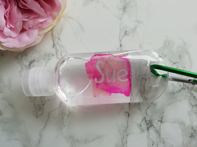 Personalised Hand Sanitiser Bottle 50ml - Watercolour Pink Font - Refill Bottle