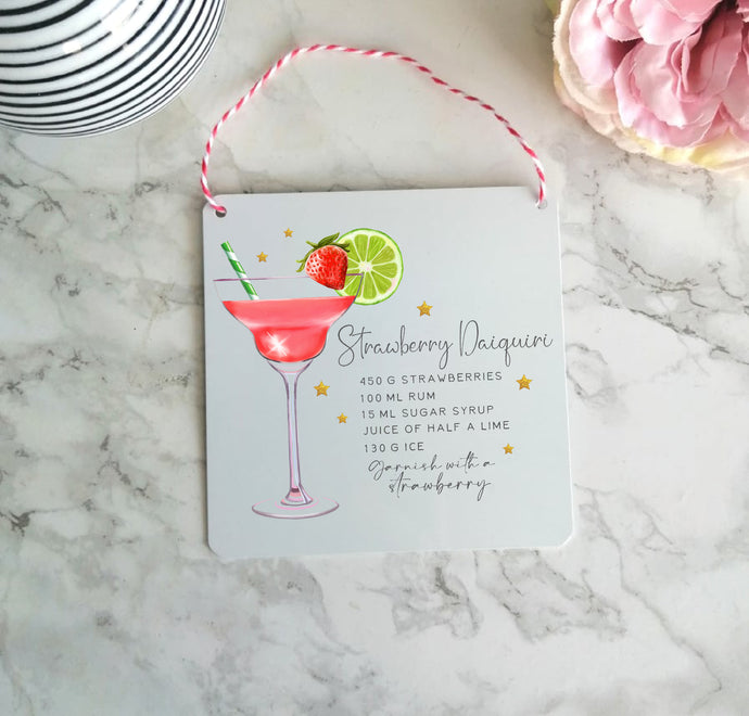 Strawberry Daquiri- Cocktail Recipe -  Little Metal Hanging Plaque