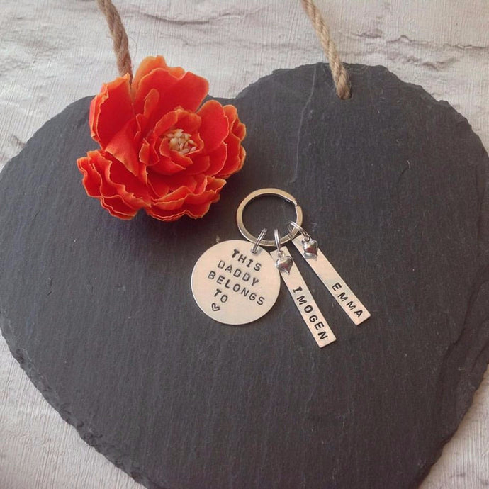 This daddy belongs to... childs name Father's Day metal hand stamped key ring key chain - Fred And Bo