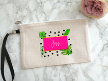 Personalised Linen pouch- Tropical Leaf Pink Name