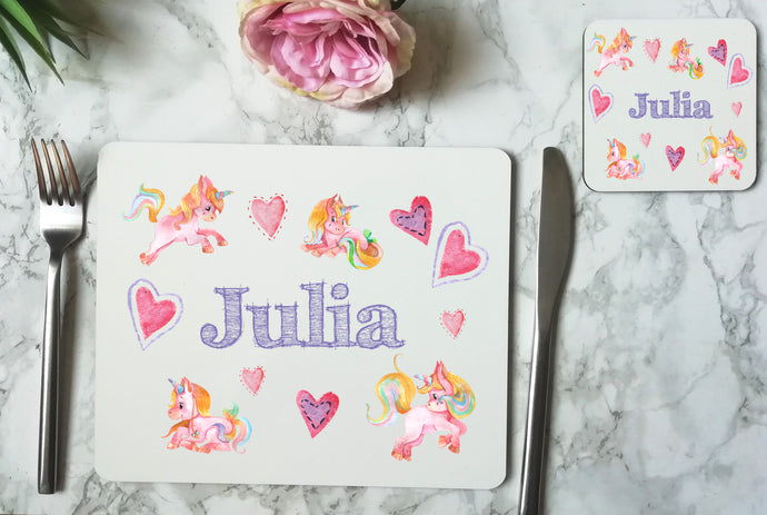 Personalised Watercolour Unicorn Place Mat & Coaster